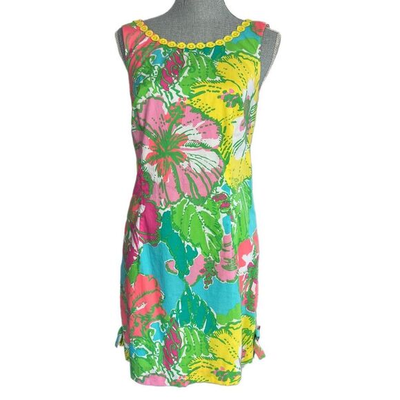 Lilly Pulitzer Delia Shorely Blue Big Flirt Floral Lace Trim Shift Dress 6 - Picture 2 of 7